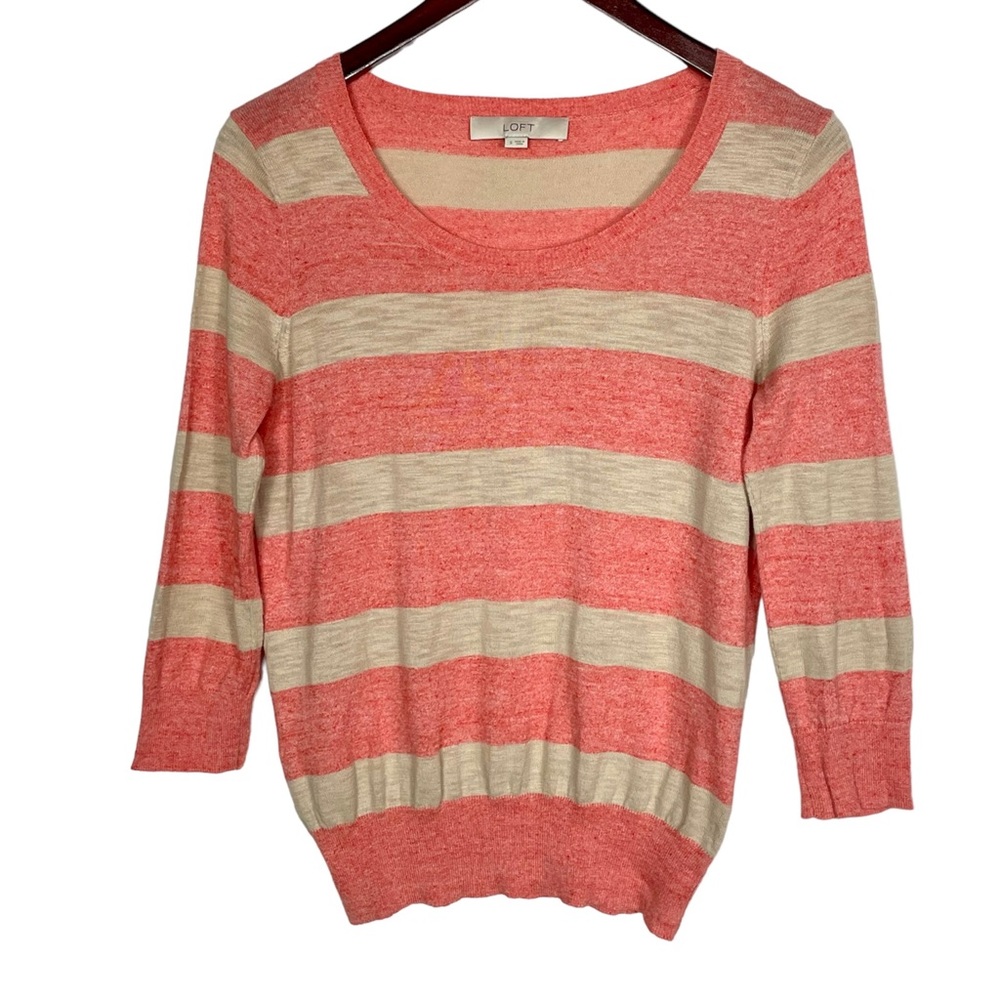 Loft Pink and Beige Striped Sweater w/ 3/4 Length Sleeves